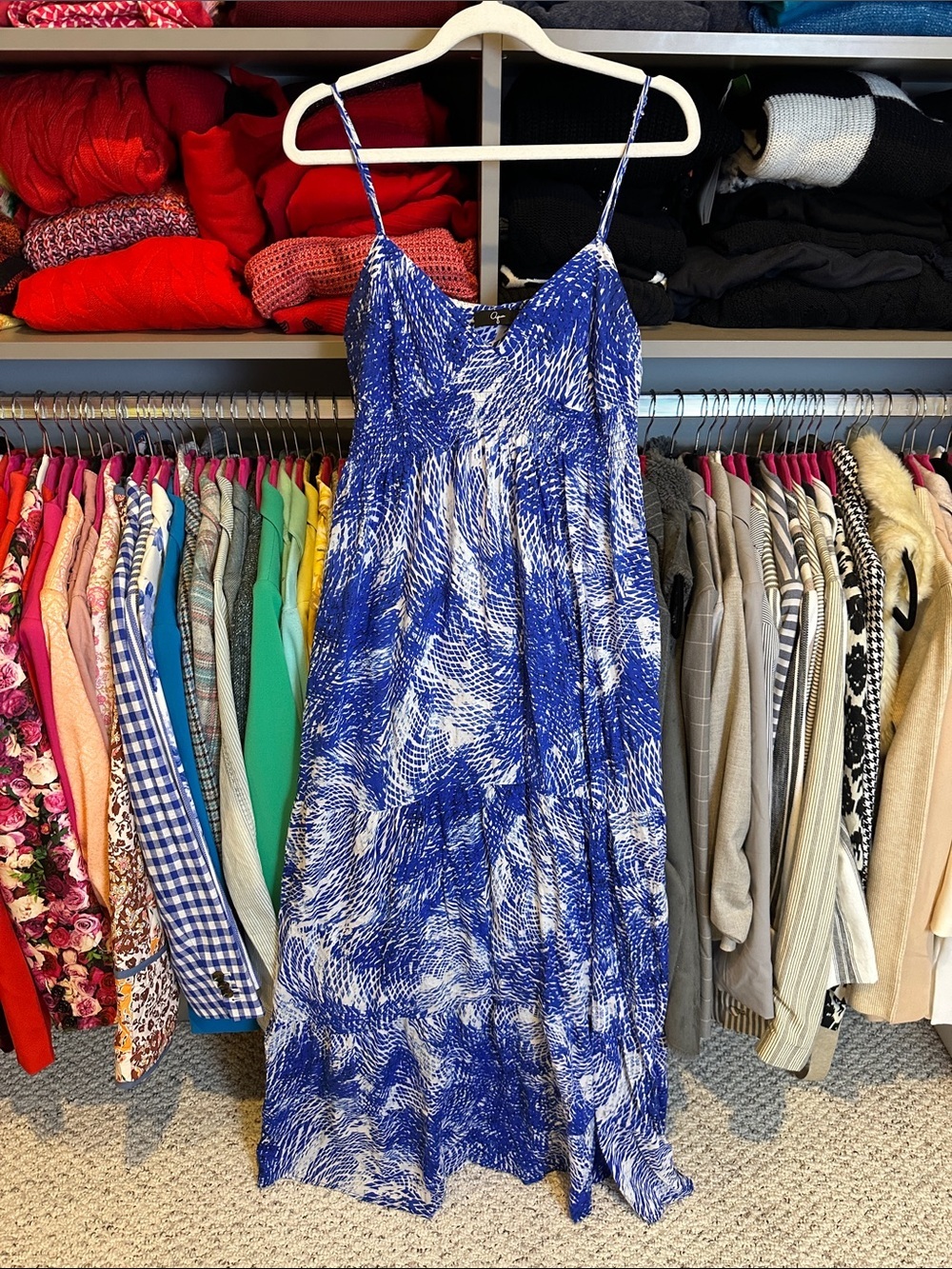 Aqua blue/white print adjustable strap elastic waistband maxi dress size L